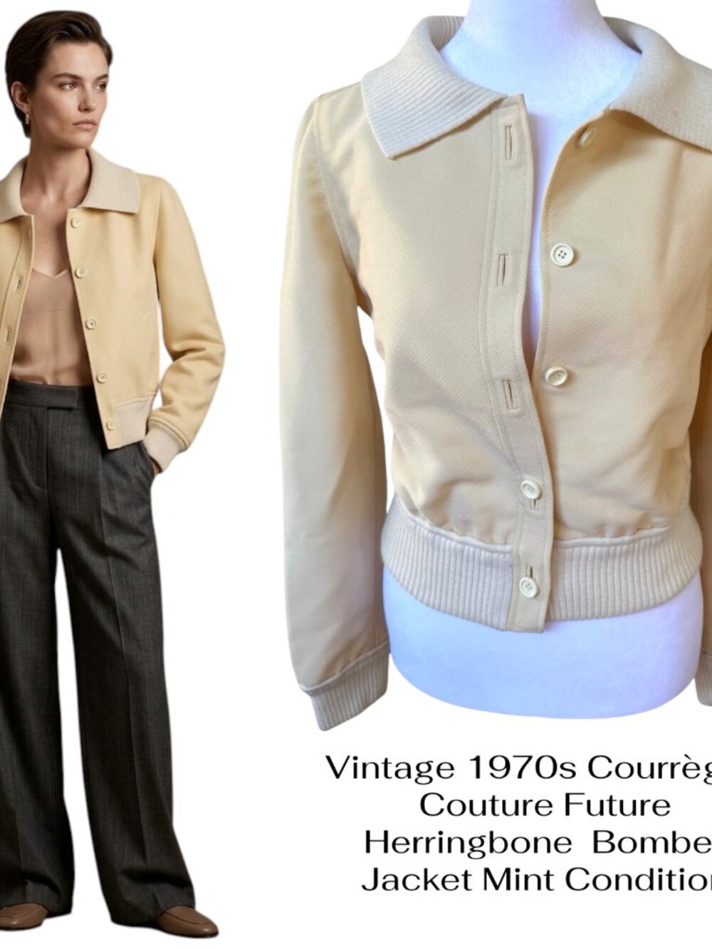 Vintage 1970s Courrèges Couture Future Herringbone Bomber Jacket SMALL